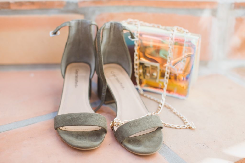 green wedding shoes and metallic purse