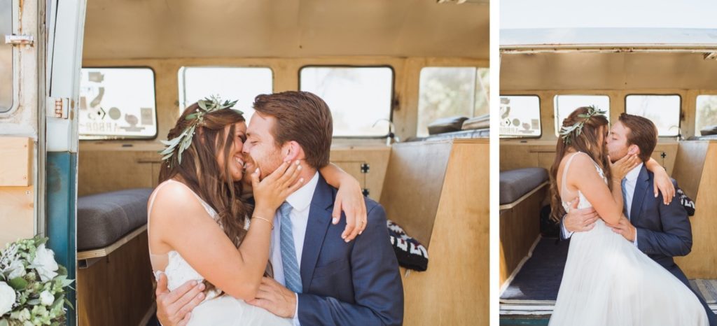 bride and groom in VW bus