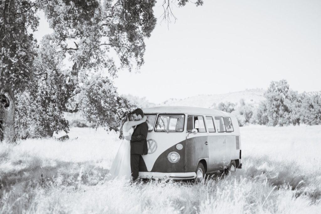 bride and groom with VW bus