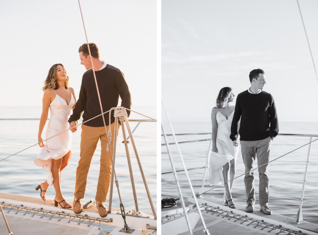 bride and groom on sailboat