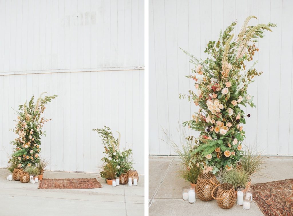 asymmetrical boho floral ceremony installation