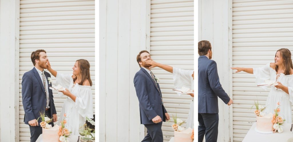 bride smashing cake in grooms face