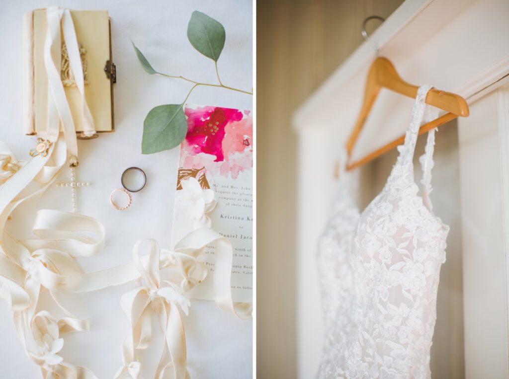 flat lay of rings and dress hanging on the door