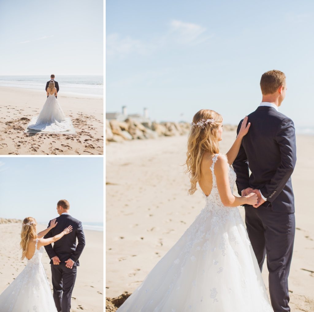 bride and groom first look on the beach