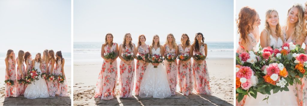 bridesmaids in floral gowns on the beach