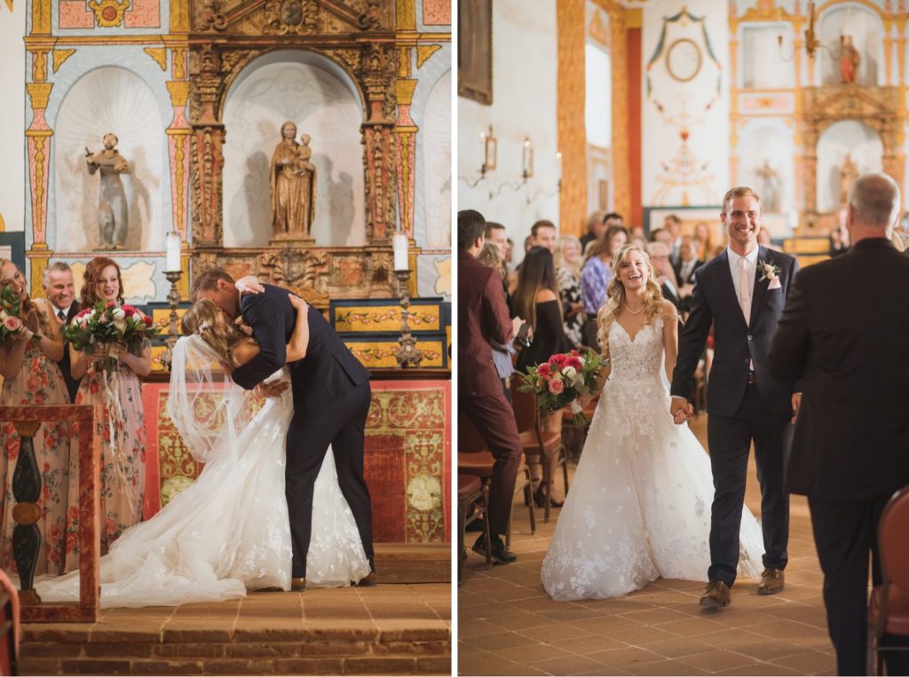 bride and groom kiss in el presidio chapel santa barbara