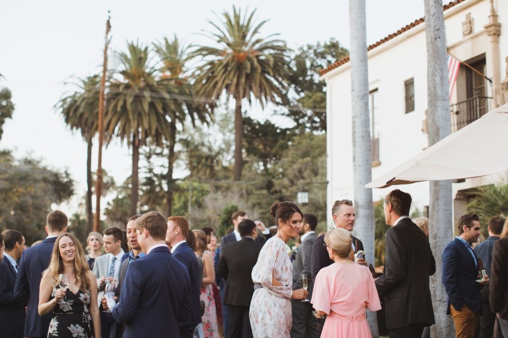 guests mingling at riviera mansion wedding