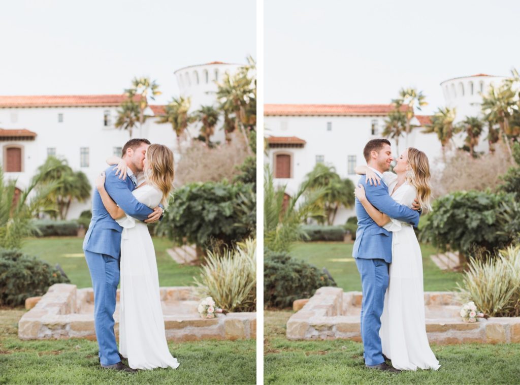 bride and groom kissing in garden