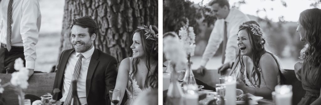bridal party laughing during toasts