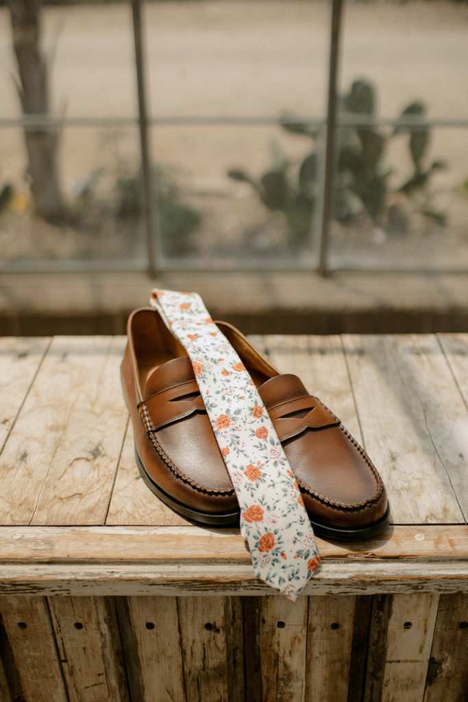 groom floral tie and loafers